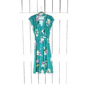 70s vintage Jimmy Los Angeles green floral cap sleeve midi cotton pullover dress